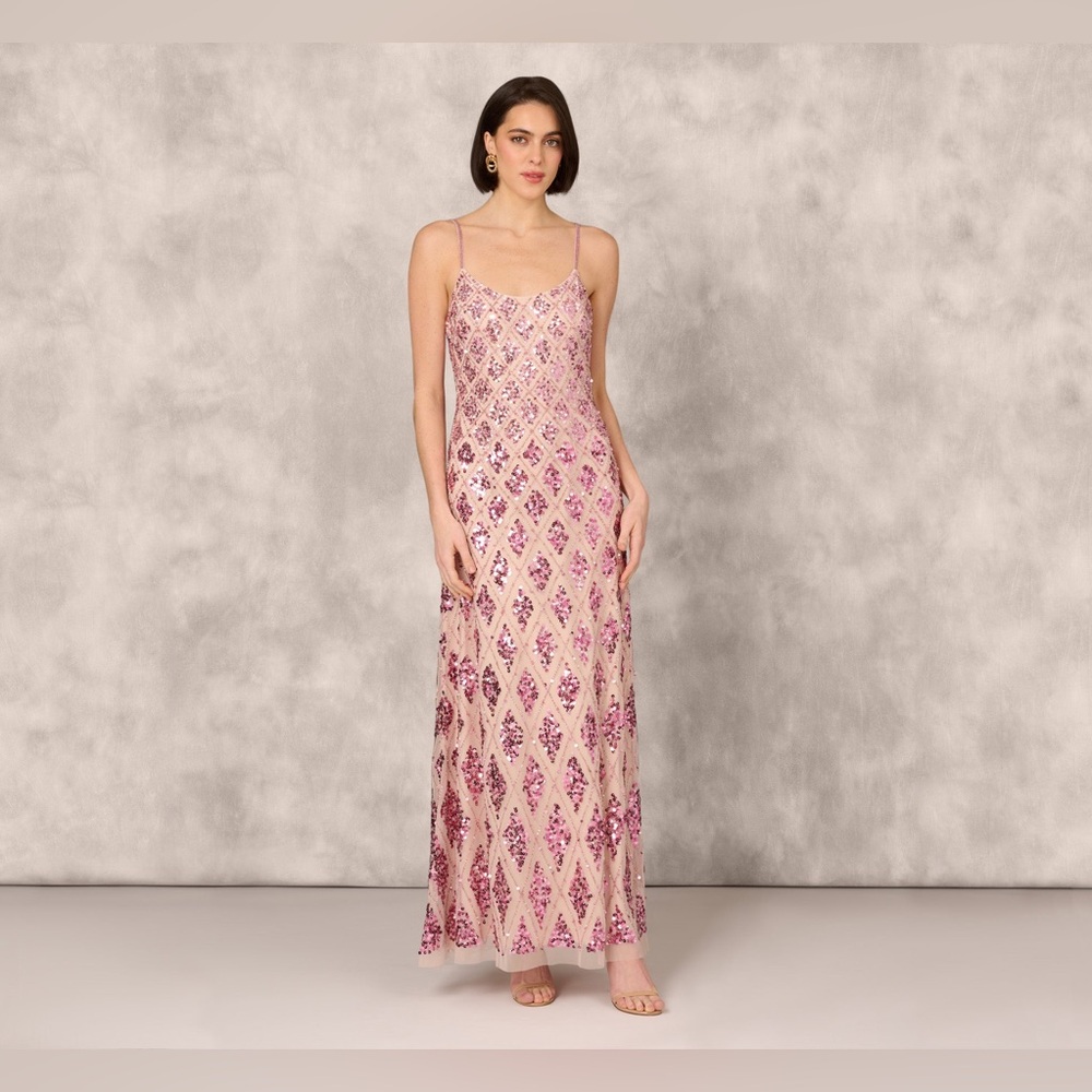 Aidan Mattox Pink and Purple Patterned Maxi Dress